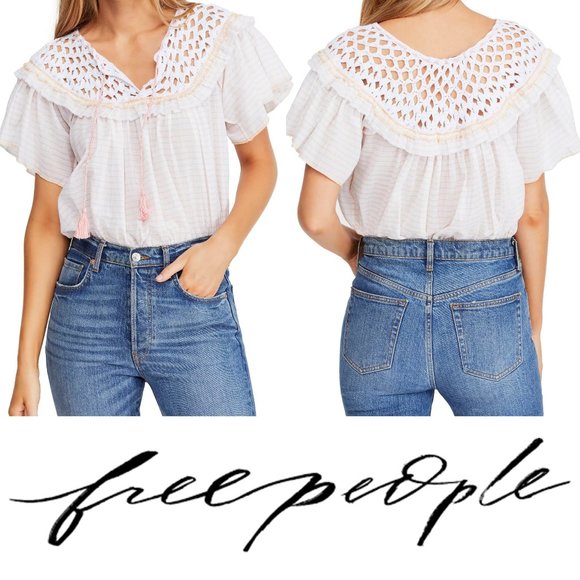 Free People Tops - Free People Allora Allora Top Stripe Shirt Crochet Peach White Size Small New